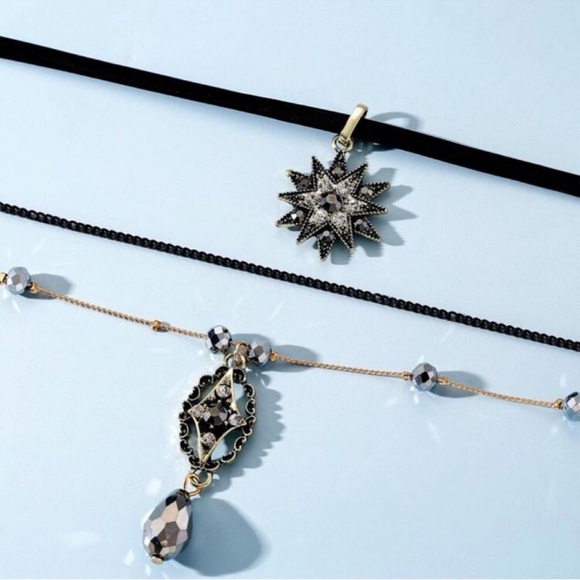 Dark Romance Vamp Academia Layered Faux Suede Gold Diamond Beaded Choker - Picture 4 of 12